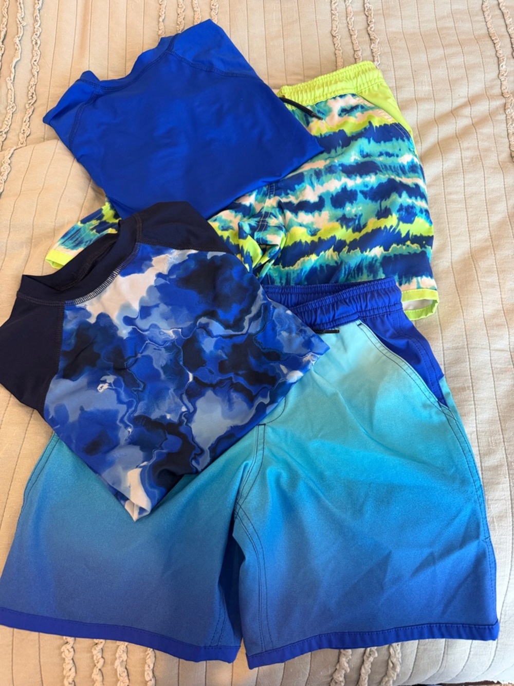 Lands' End Boys Swim Rash Guard & Shorts Set - Navy, Blue, Neon Green